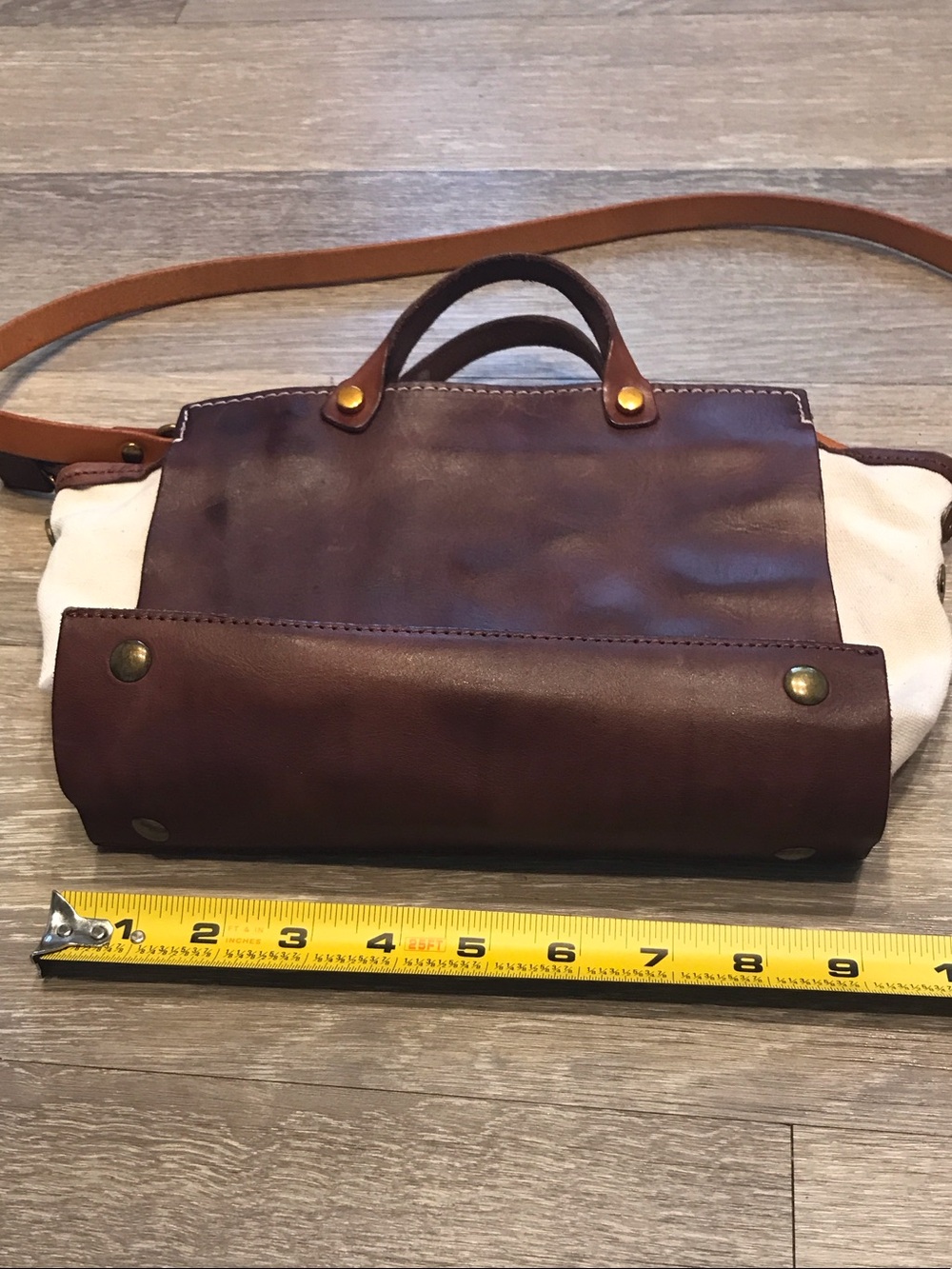 Old Trend Modern Vintage Leather w/Cream Canvas Crossbody Satchel & Top Handle - Picture 9 of 11